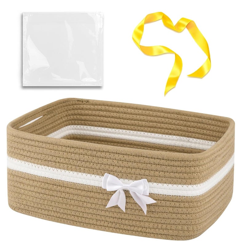 OIAHOMY Large Woven Storage Basket with Handles for Nursery Living Room Shelves, Bow Basket for Gifts Empty with Gift Bags and Ribbons for Baby Showers Pet Toy Bin - Yellow - Image 1